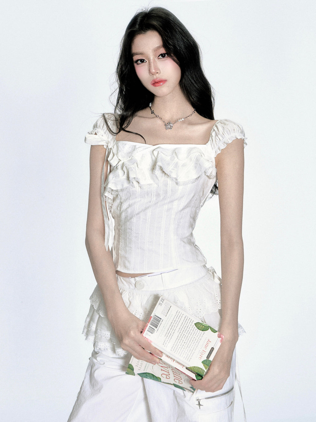 Two-Way Shoulder Ruffled Top With Stripe Embroidery