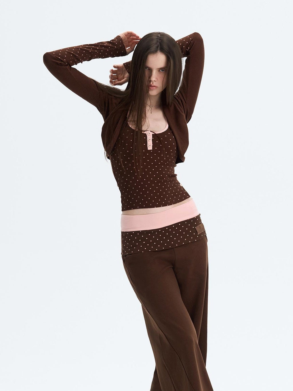 Polka Dot Patchwork Three Piece Long Sleeve Women Long Pants Top & Pants Sets