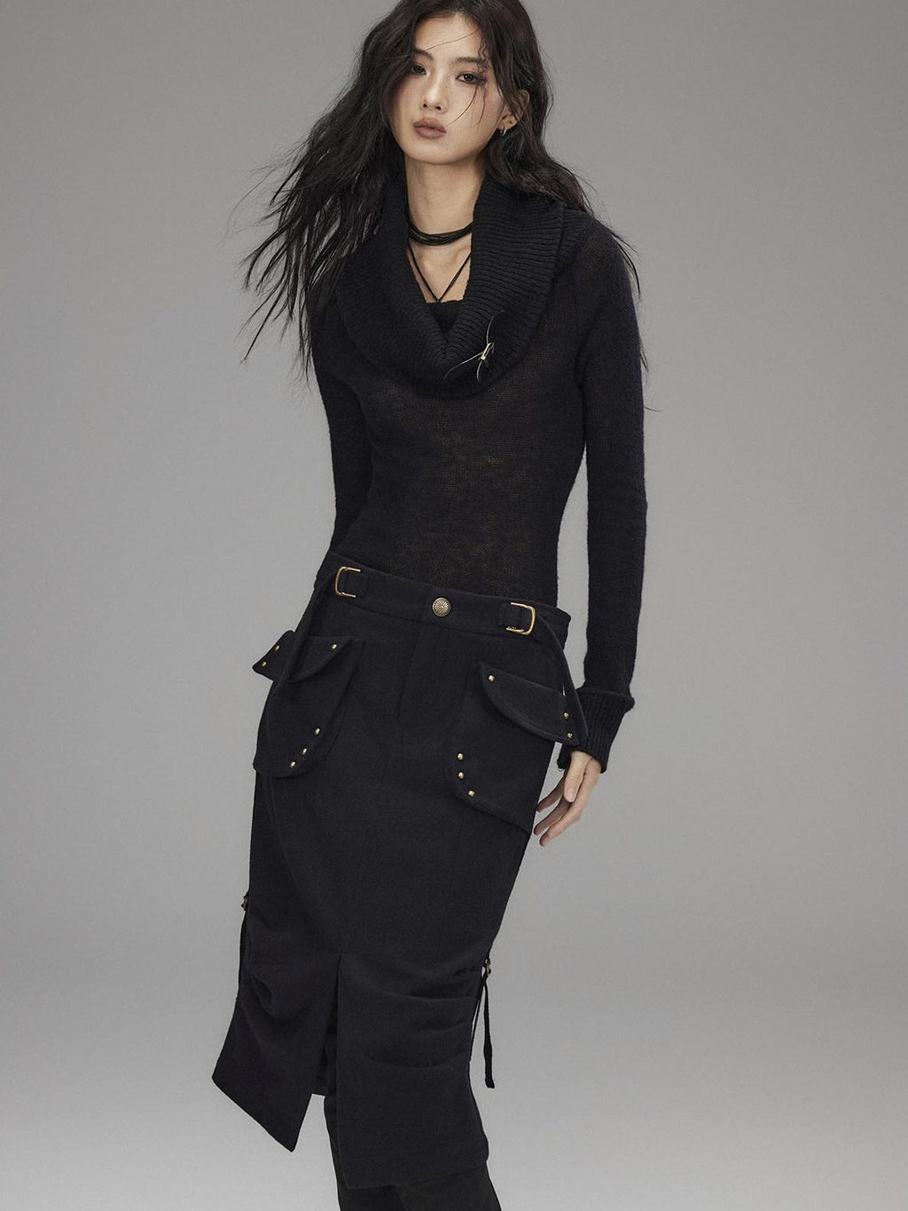 Wool Blend Low Rise Cargo Pockets Front Slit Hline Casual Black Midi Skirts