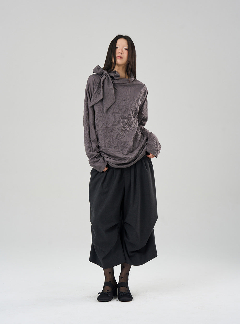Tie-Neck Textured Loose Knit Top (3color)