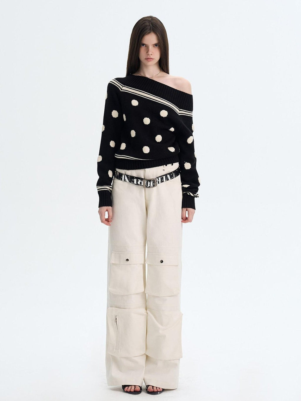 Cozy Thermal Acrylic Wool Polka Dot Boat Neck Relaxed Women Knit Sweaters