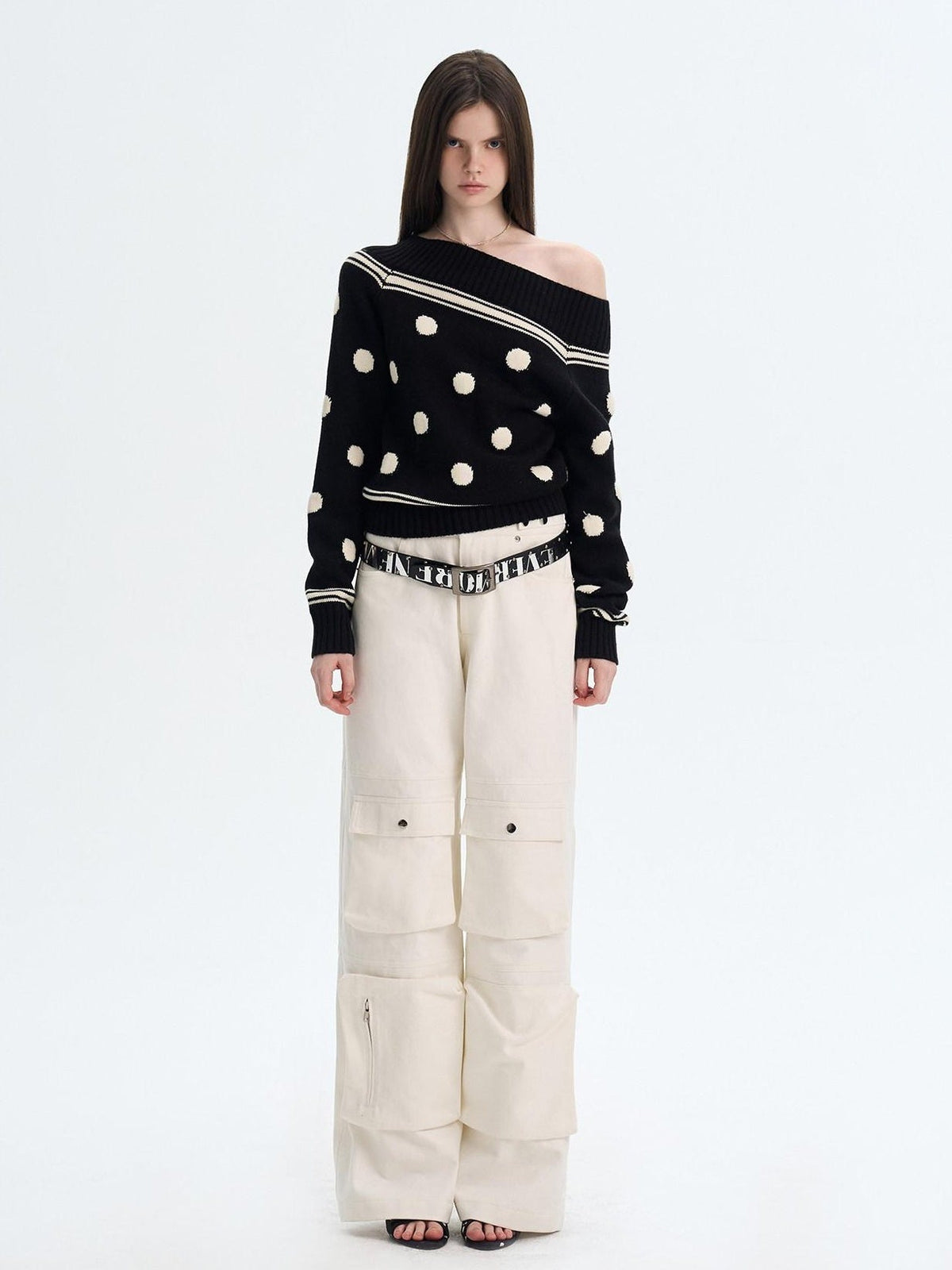 Cozy Thermal Acrylic Wool Polka Dot Boat Neck Relaxed Women Knit Sweaters