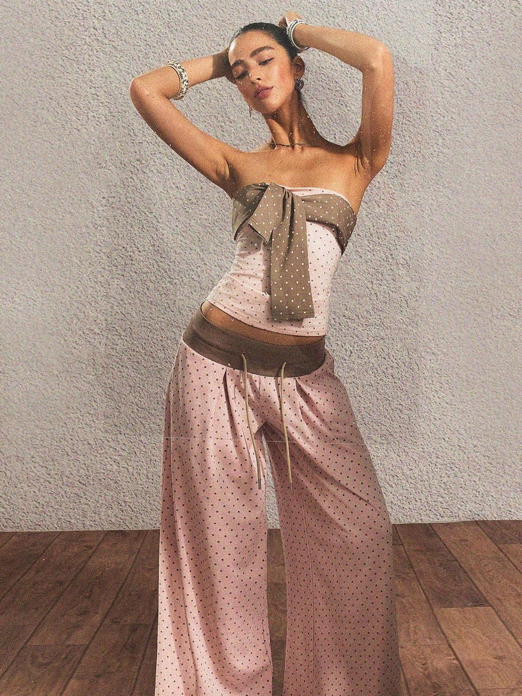 Polka Dot Cotton Two Piece Colorblock Sexy High Waist Pants Tube Tops