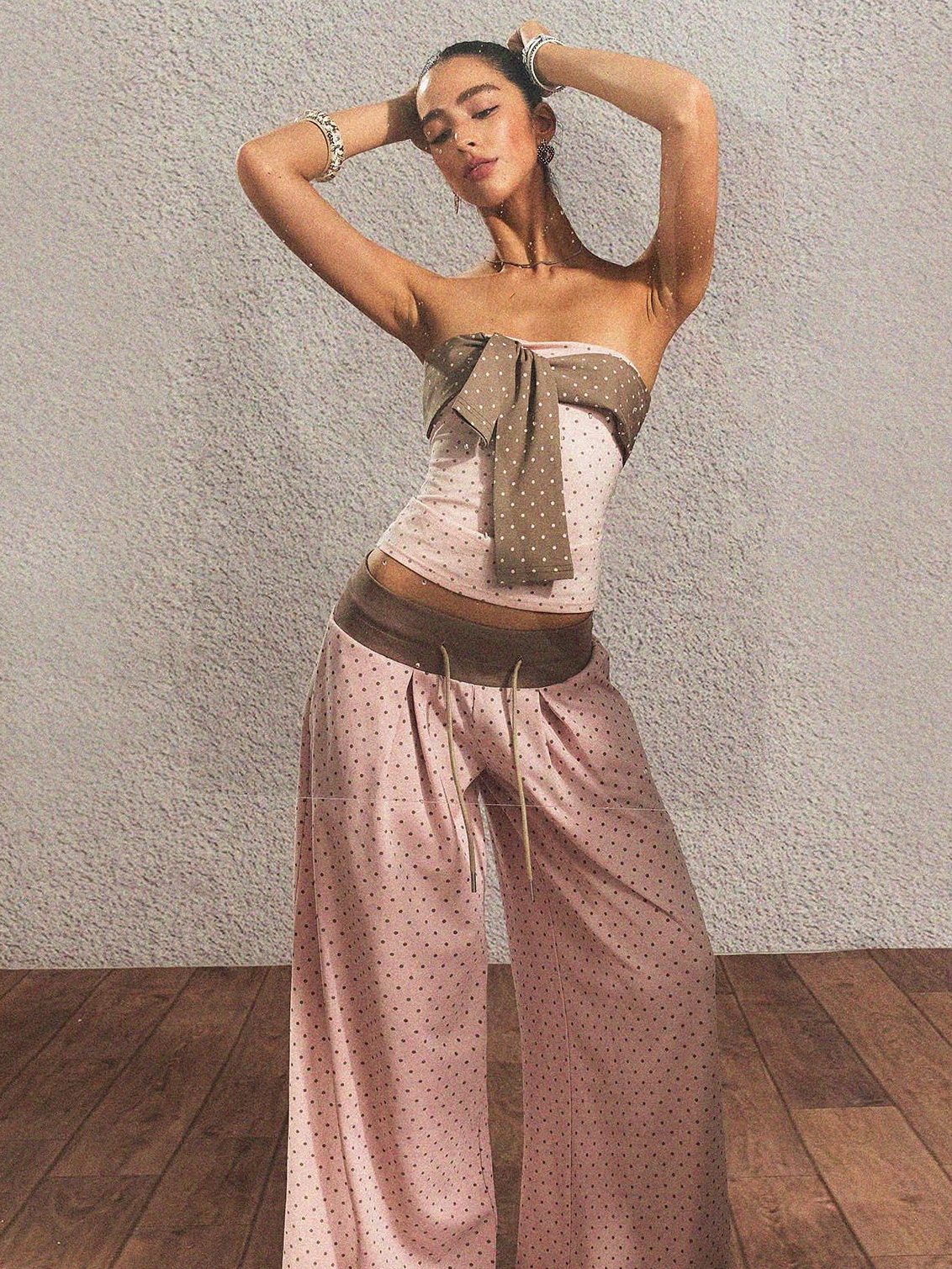 Polka Dot Cotton Two Piece Colorblock Sexy High Waist Pants Tube Tops