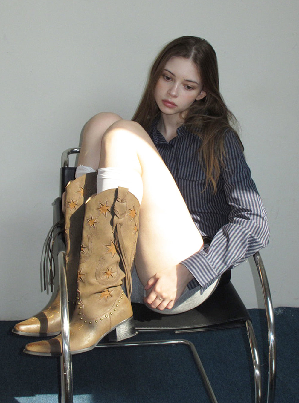 Buckle Pointed Cross Strap Leather Boots
