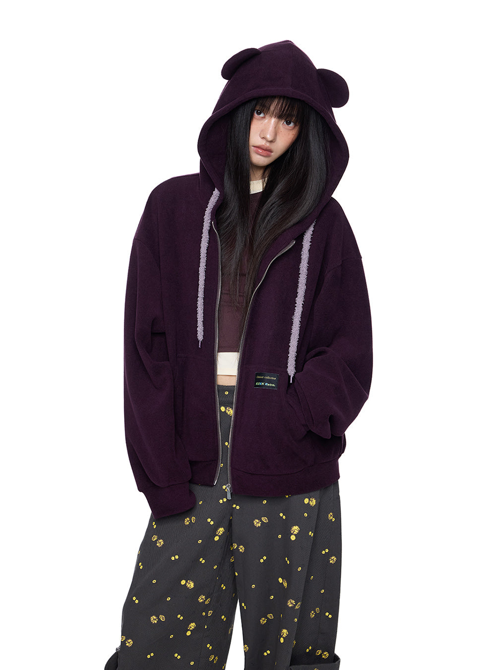 Cute Bear Ear Drawstring Hooded Zip-Up (2color)