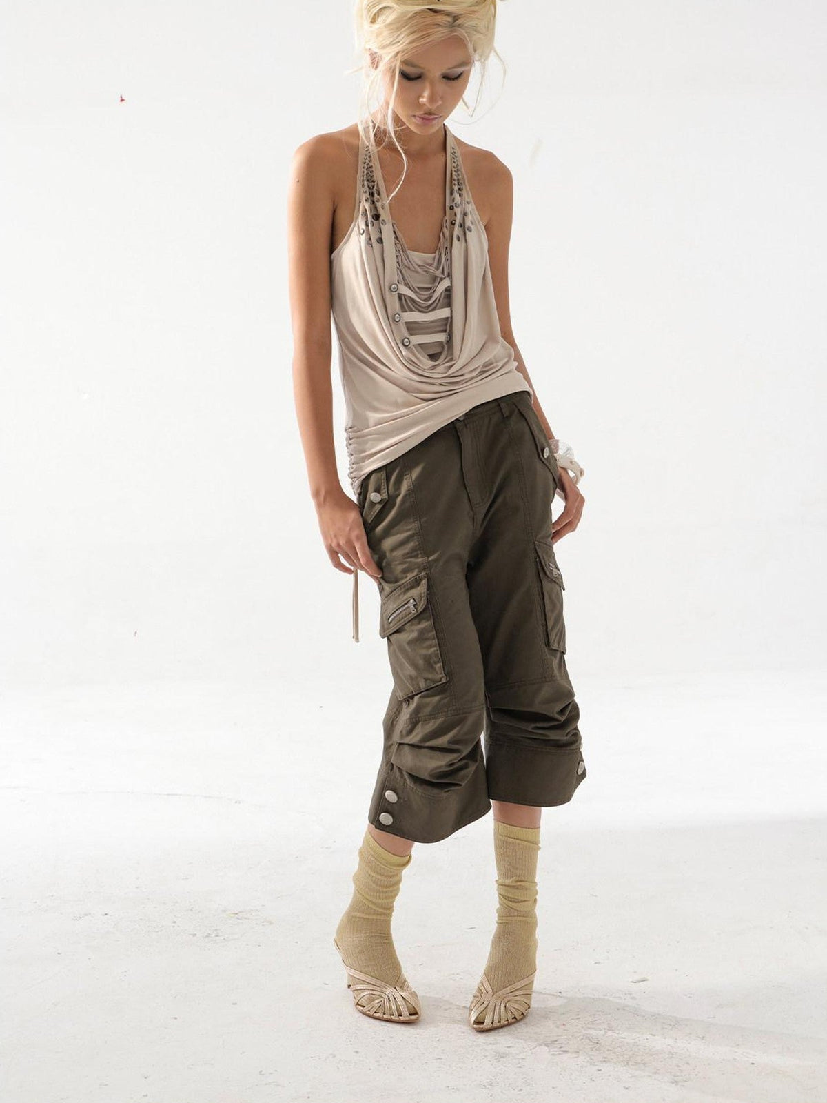 Vintage Biker Washed Cargo Women'S Cotton Flare Cropped Pants