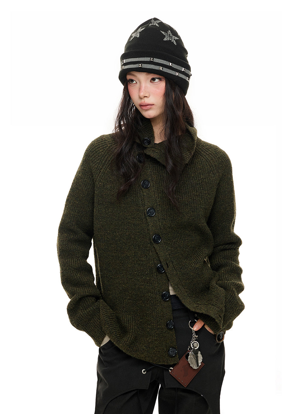 High Neck Raglan Knit Cardigan (2color)