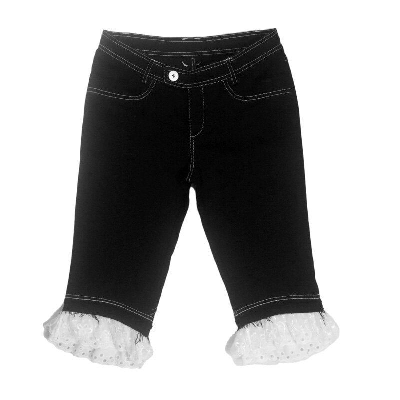 Cute Deer Print Double Layer Denim Casual Natural Waist Girls Mid-Length Shorts