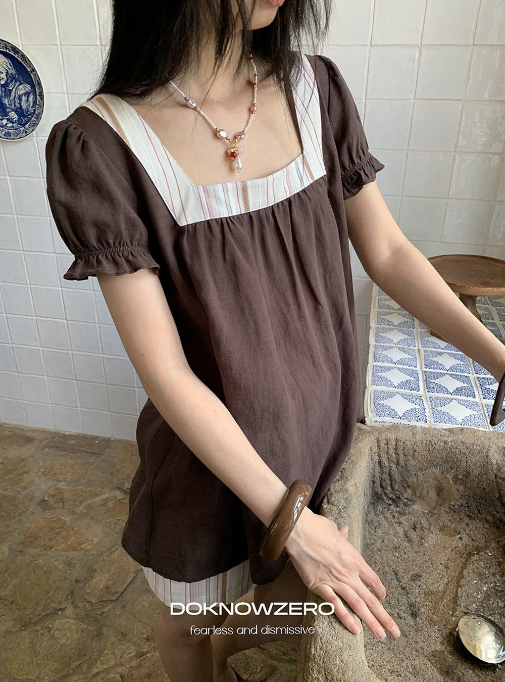 Linen Stripe Lantern Sleeve Top