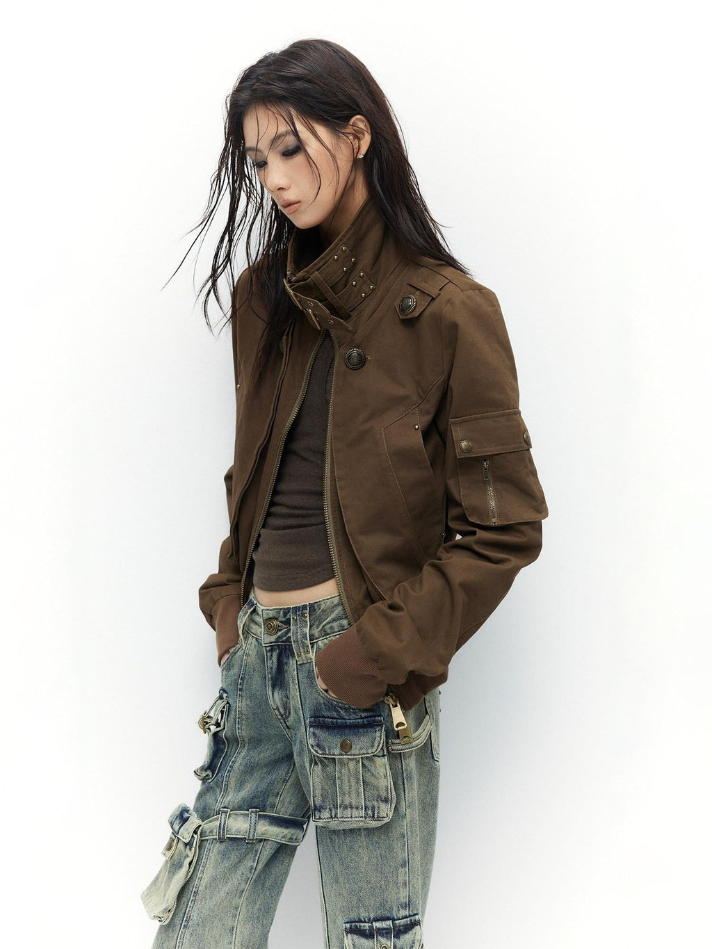 Slim Waist Dark Gothic Cotton Zip Stand Collar Long Sleeve Women Cropped Jackets