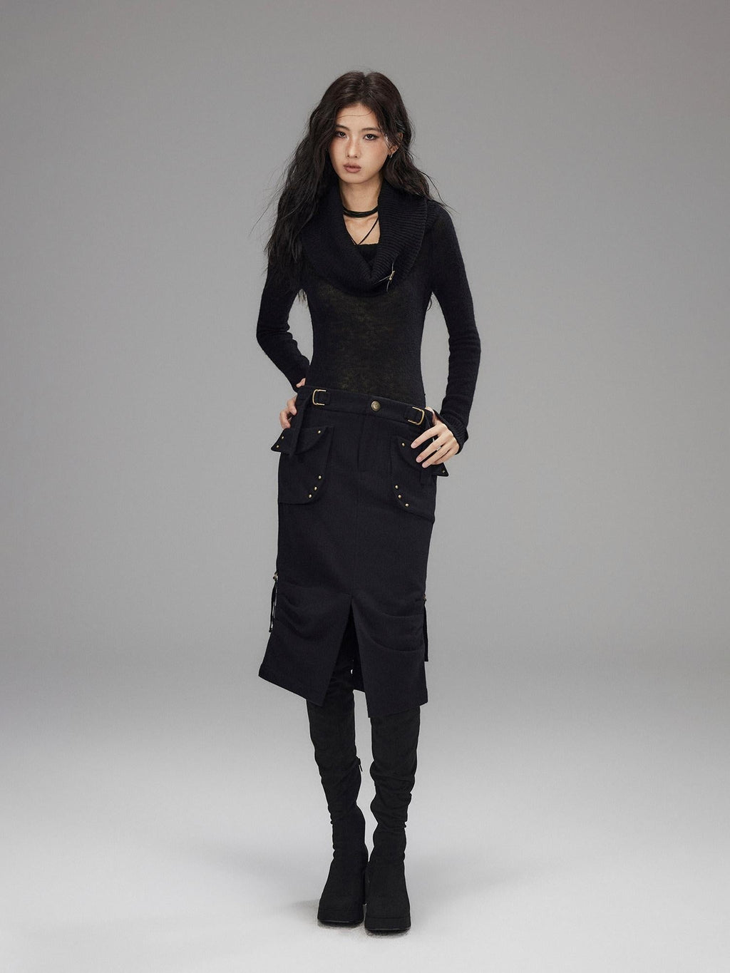 Wool Blend Low Rise Cargo Pockets Front Slit Hline Casual Black Midi Skirts
