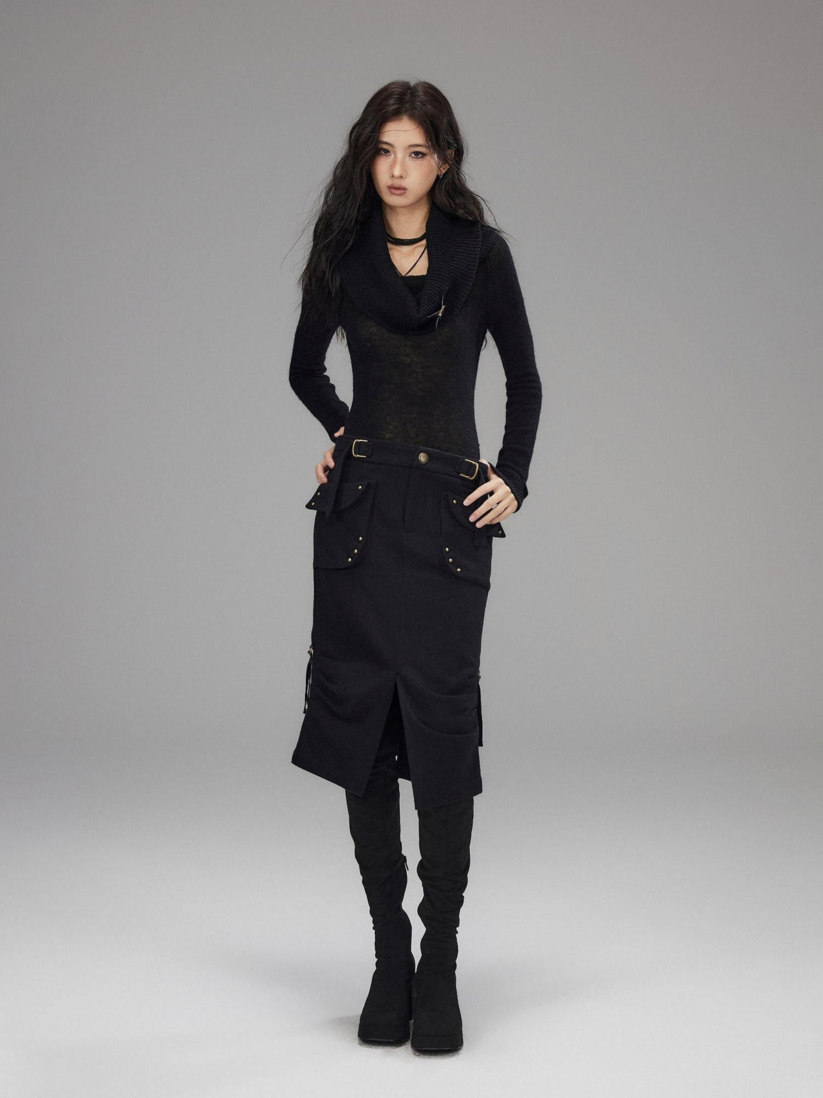 Wool Blend Low Rise Cargo Pockets Front Slit Hline Casual Black Midi Skirts