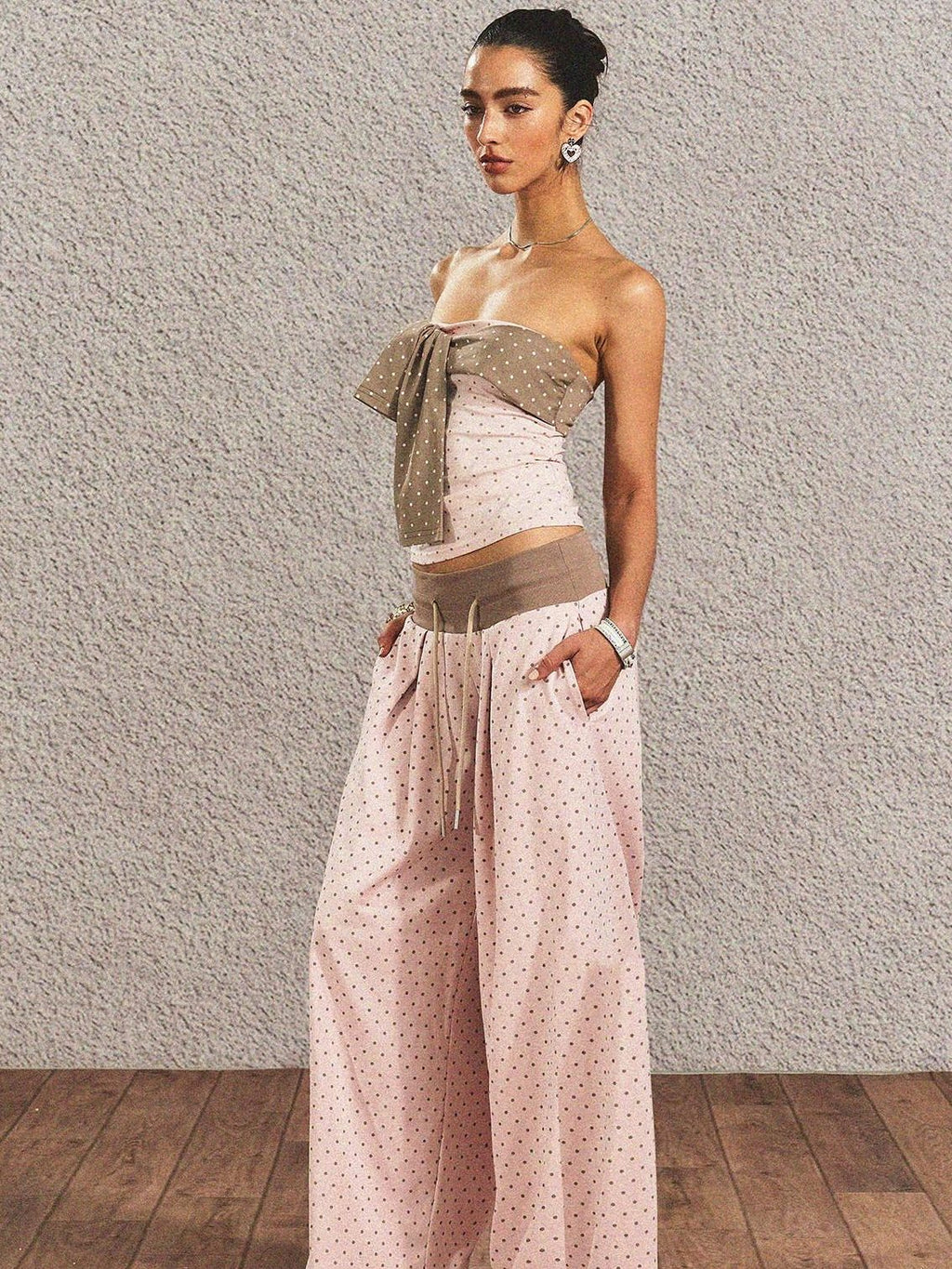 Polka Dot Cotton Two Piece Colorblock Sexy High Waist Pants Tube Tops