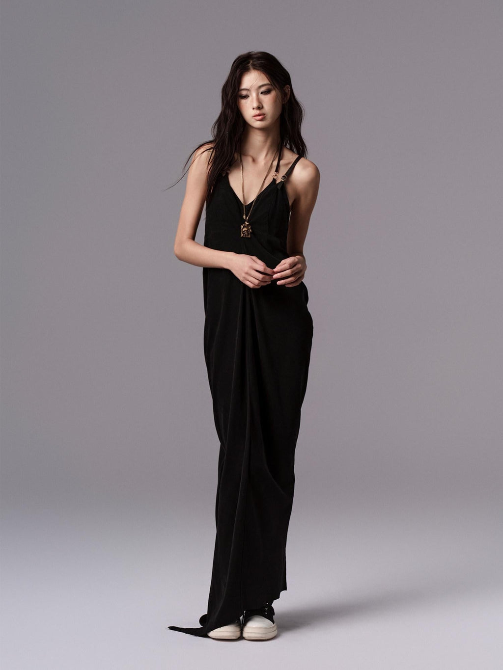Pure Cupro Slim Fit Dark Gothic Vneck Camisole Women Black Zip Back Maxi Dresses