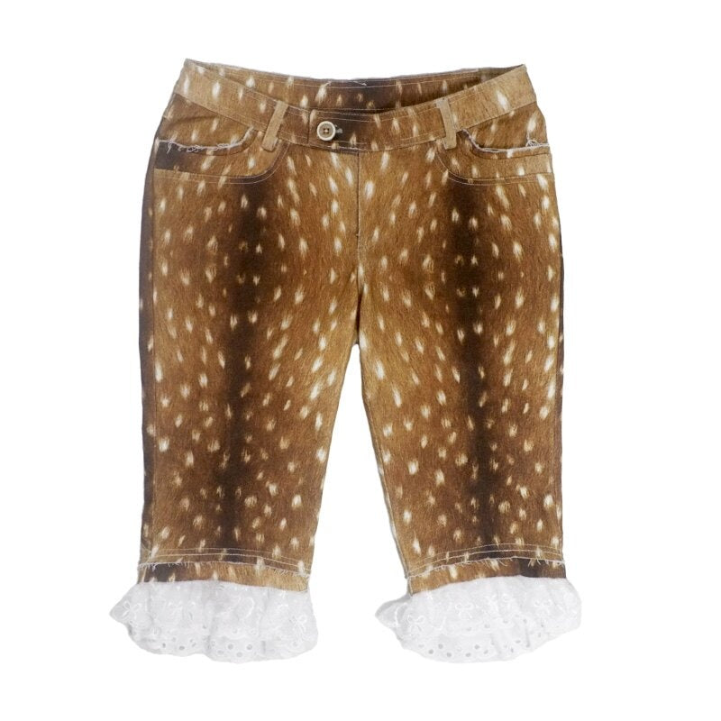 Cute Deer Print Double Layer Denim Casual Natural Waist Girls Mid-Length Shorts