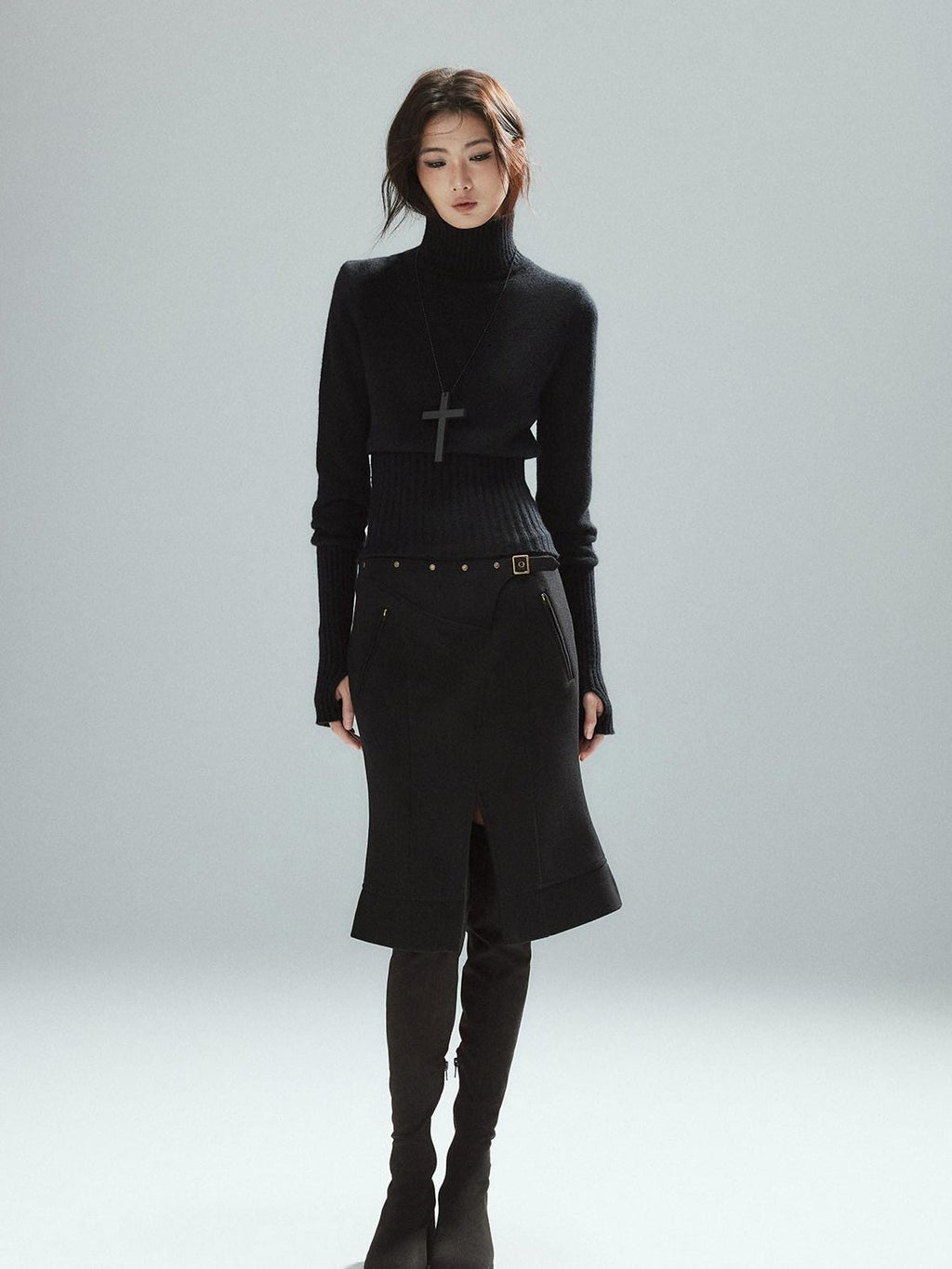 Wool Blend Lined Patchwork Hline Slim Low Waist Black Side Zip Midi Skirts