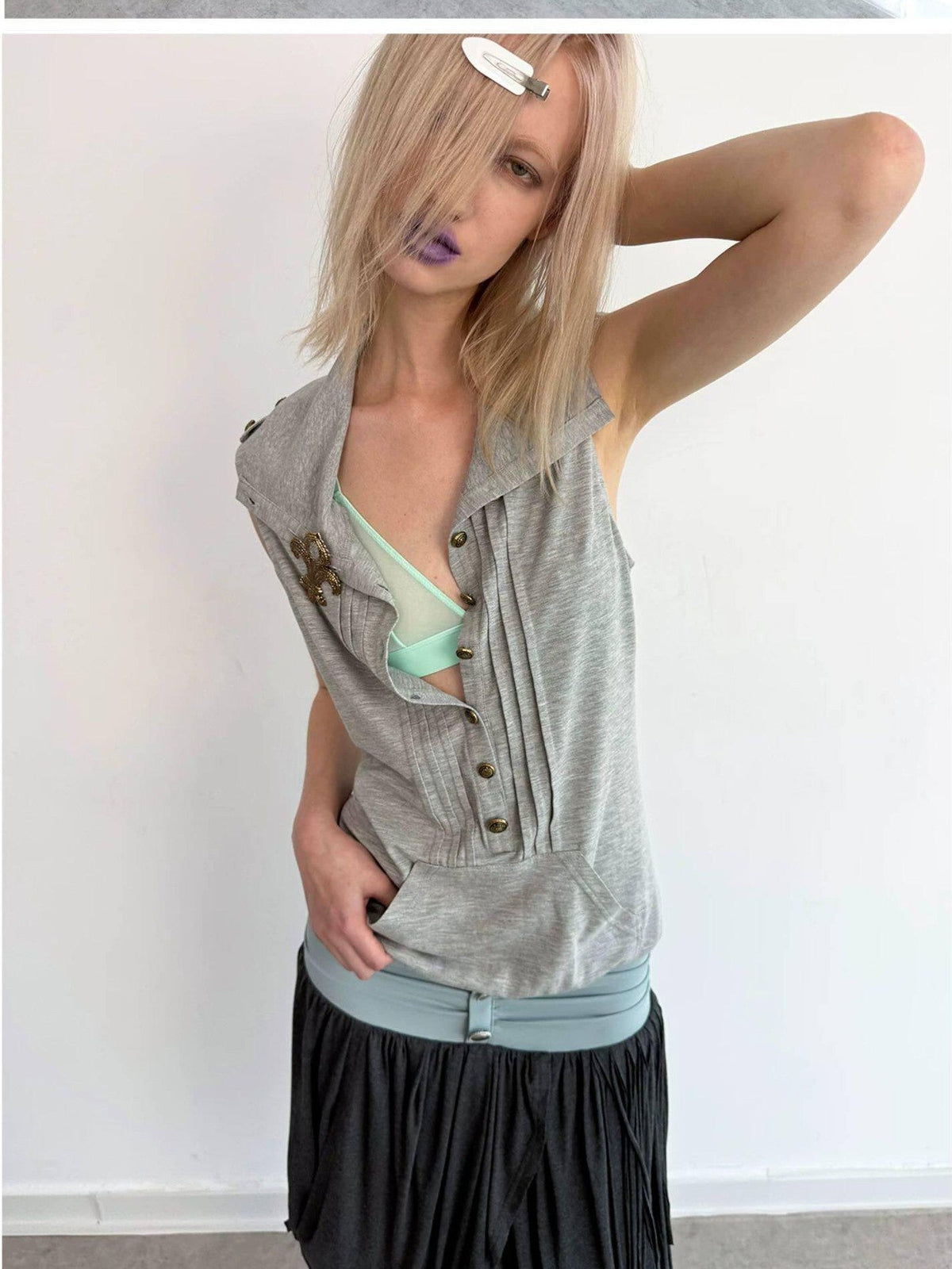 Metal Button Epaulet Convertible Half High Neck Women'S Cotton Blend Tank Tops