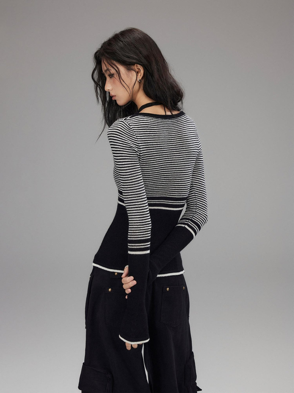 Soft Acrylic Slim V-neck Striped Casual Women Everyday Long Sleeve T-Shirts