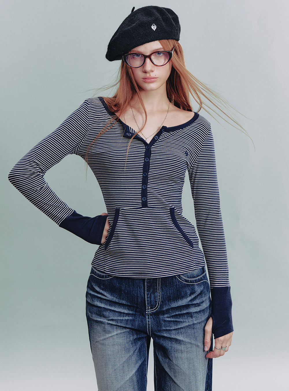 Striped Henley Slim Top (3color)