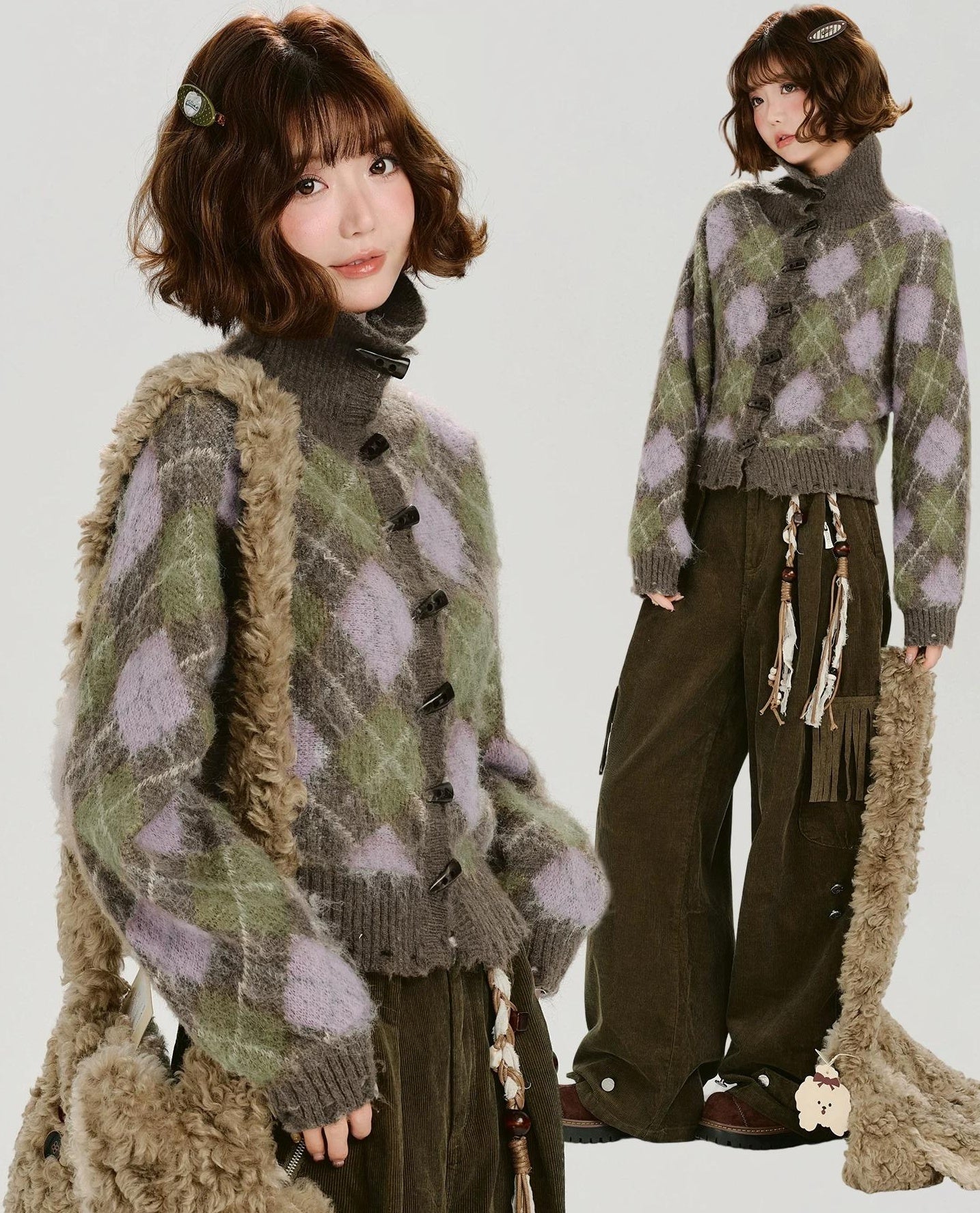 Girlyhalo |  VELVET PLAID CARDIGAN JACKET【ID:TN00011】