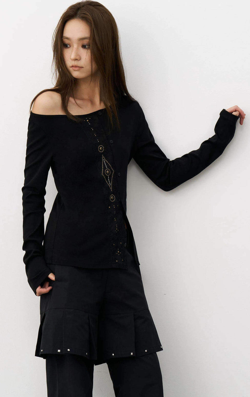 THELIGHT | GEOMETRIC BEADED LONG SLEEVE T-SHIRT【ID:TN00100】