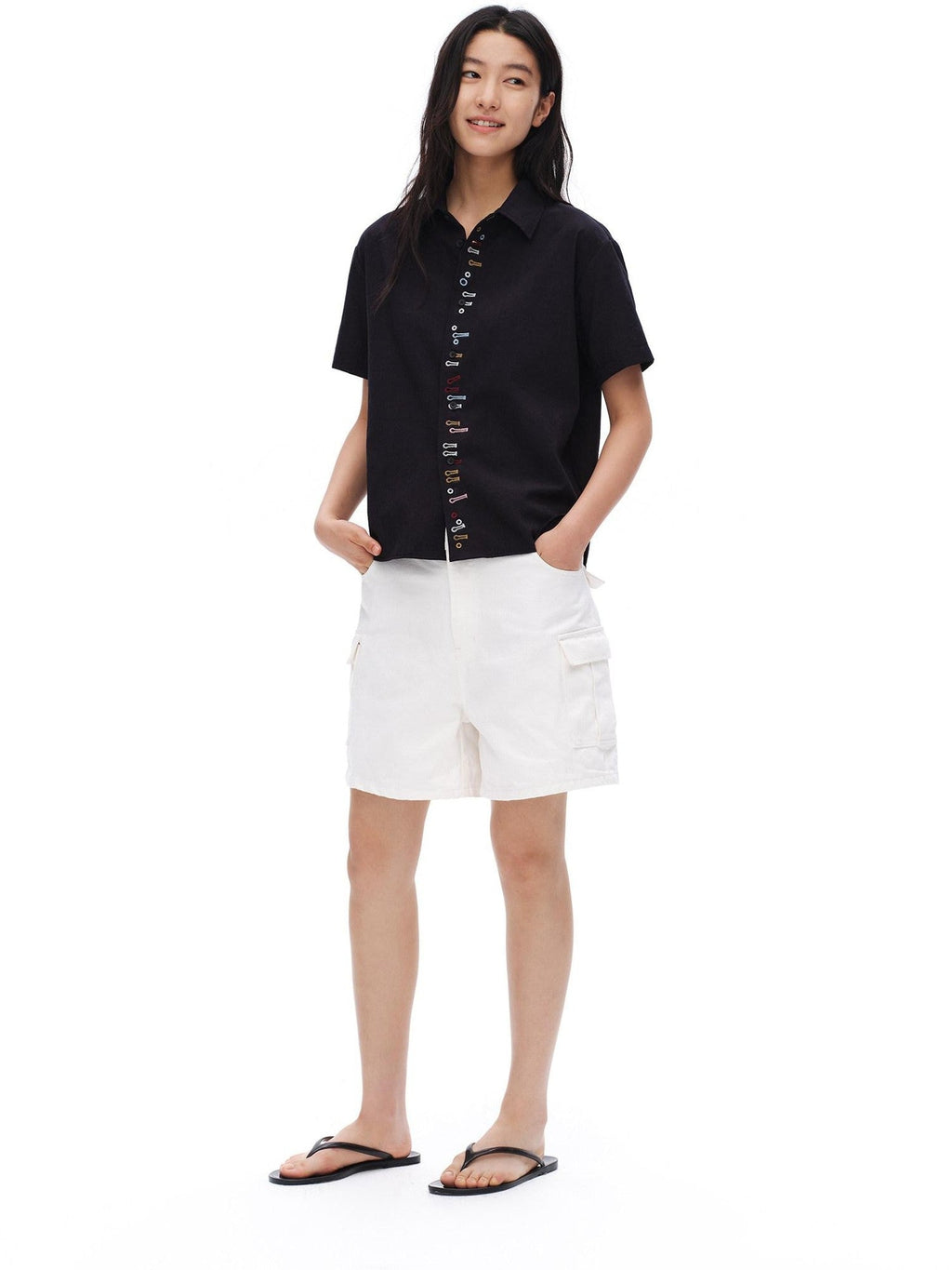 White Vintage Bermuda Cargo Button Fly Pocket Women'S Cotton Denim Shorts