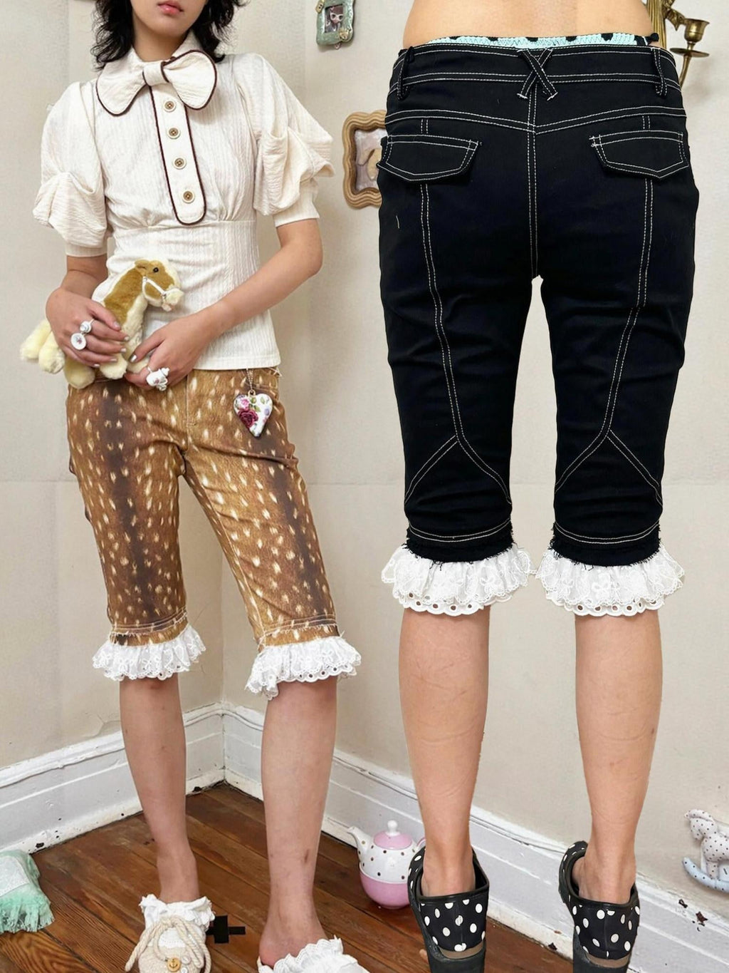 Cute Deer Print Double Layer Denim Casual Natural Waist Girls Mid-Length Shorts