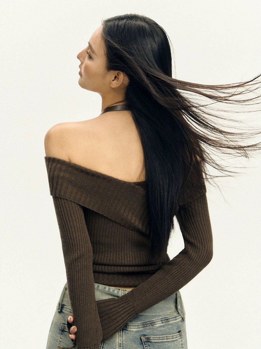 Ribbed Off-Shoulder Brown Knit Top