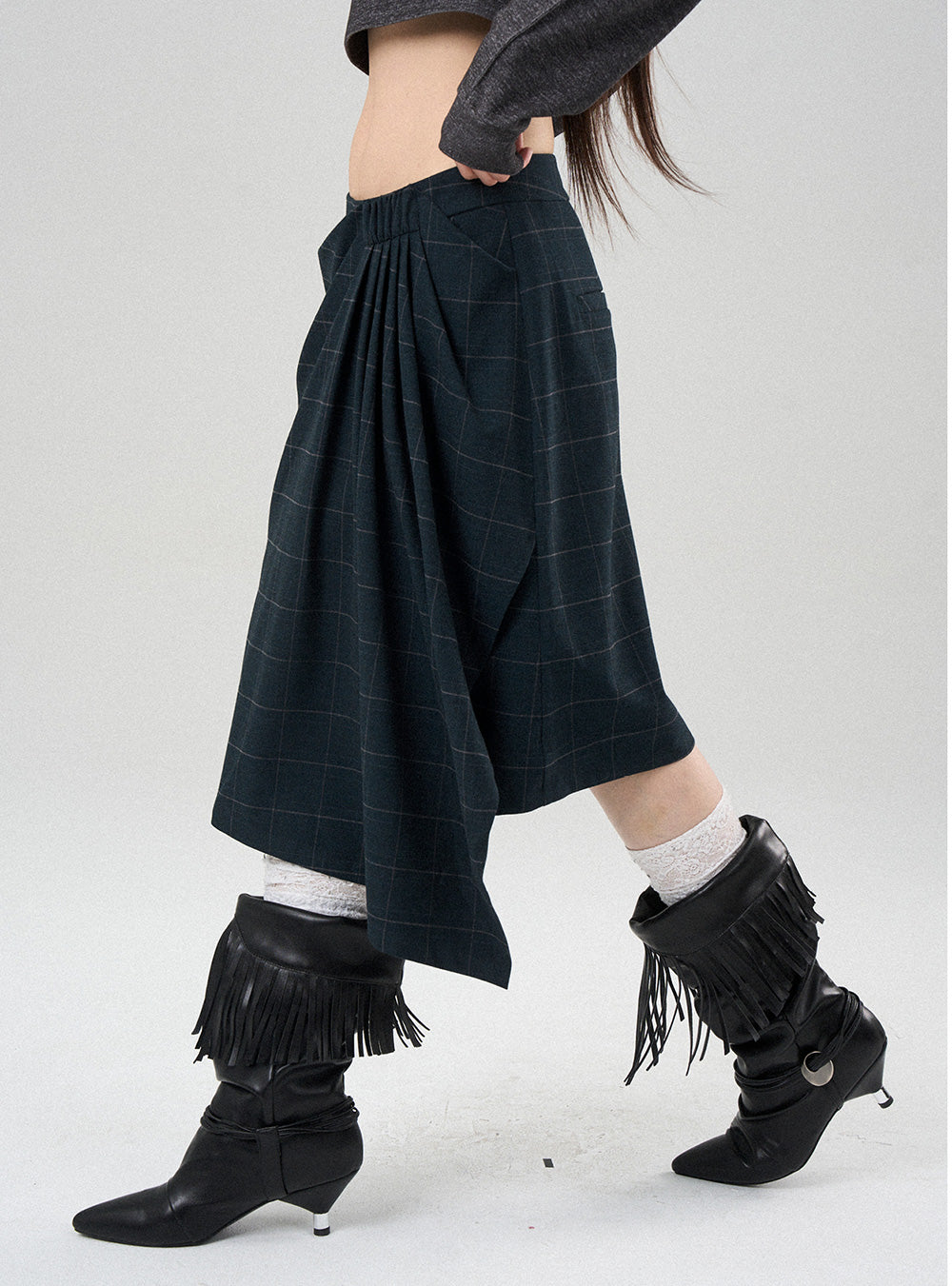 Asymmetric Pleated Plaid Check Skirt