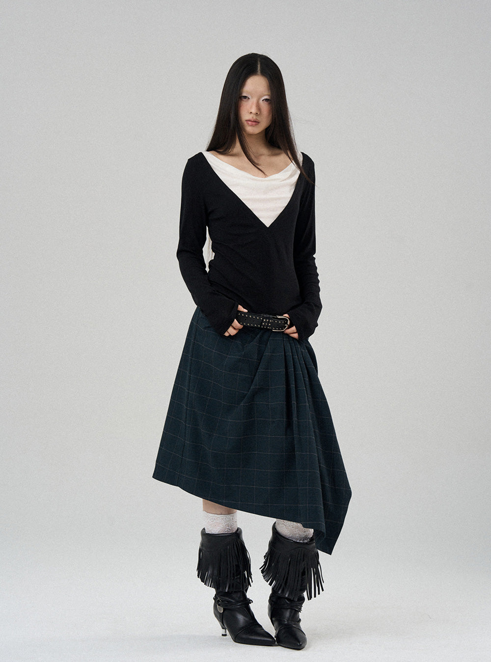 Drape Neck Faux Layered Long Sleeve (2color)