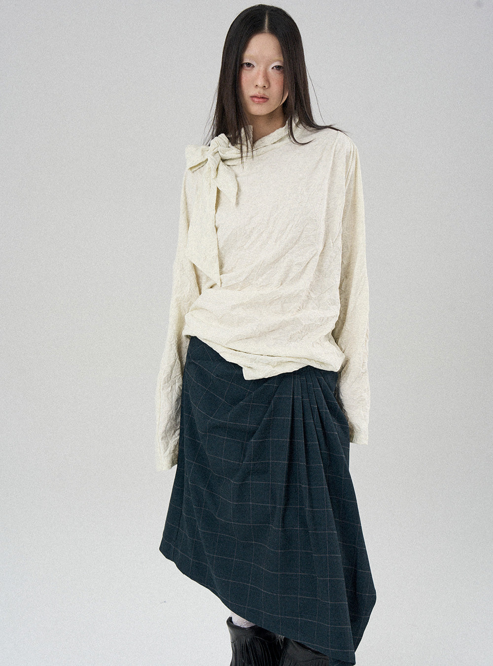 Asymmetric Pleated Plaid Check Skirt