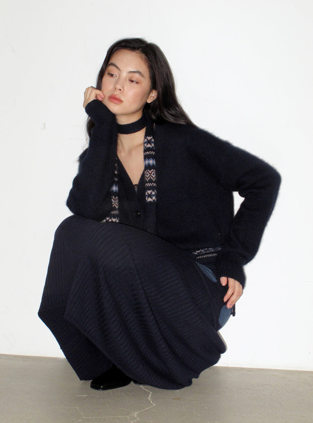 Navy Diamond Knit Open Cardigan