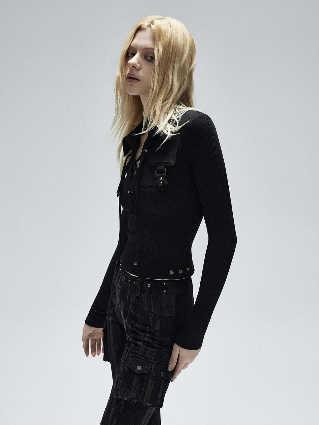 Breathable Drawstring Waist Slim Street Style Women Black Long Sleeve T-Shirts