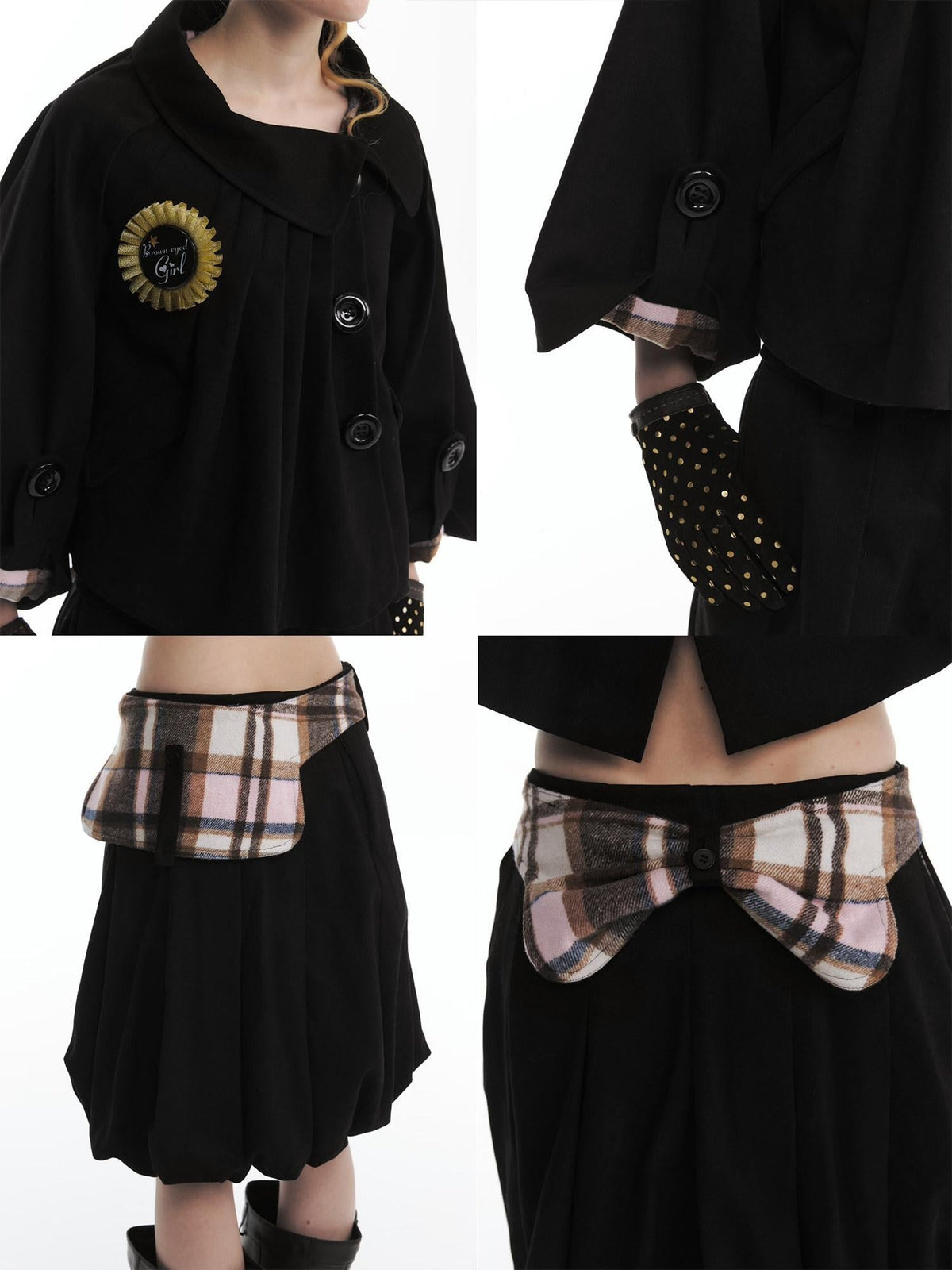 Cute Bow Plaid Cropped Lapel Top High Waist Skirt Unisex Top & Skirt Sets