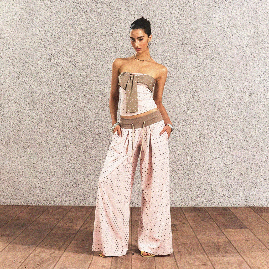 Polka Dot Cotton Two Piece Colorblock Sexy High Waist Pants Tube Tops