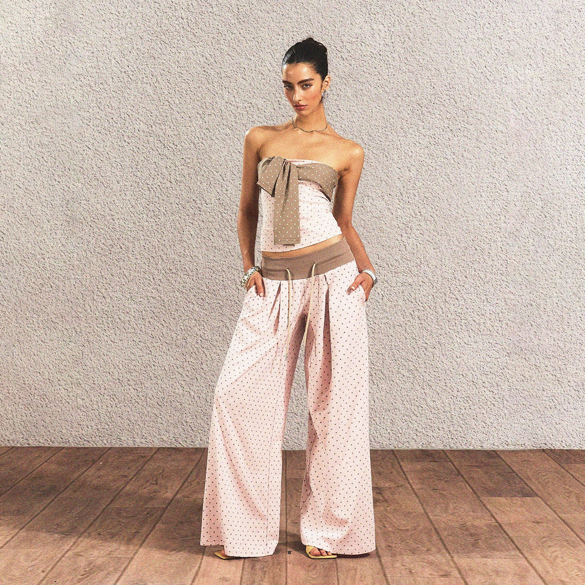 Polka Dot Cotton Two Piece Colorblock Sexy High Waist Pants Tube Tops