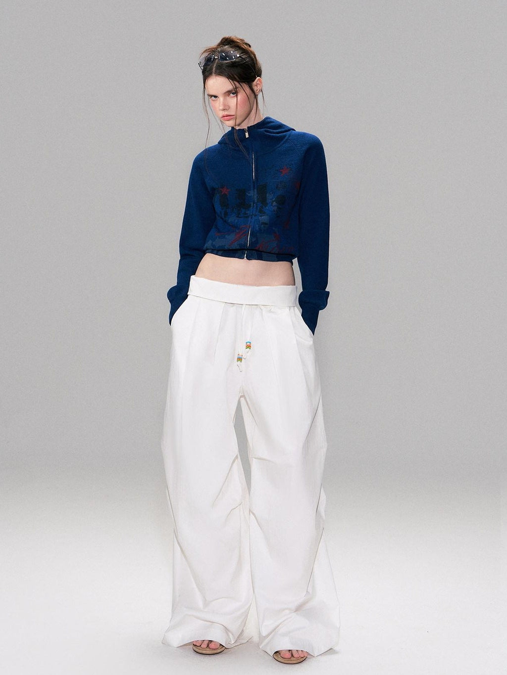 Cotton Blend Vintage Curved Cut Natural Waist Women White Wide Leg Pants
