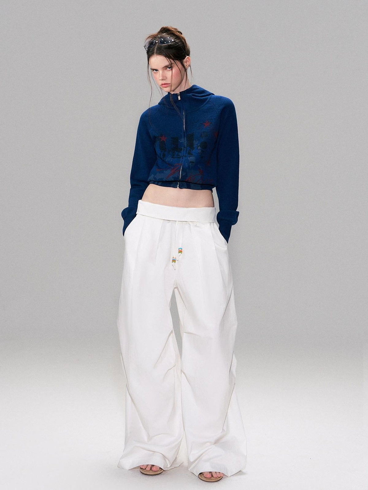 Cotton Blend Vintage Curved Cut Natural Waist Women White Wide Leg Pants