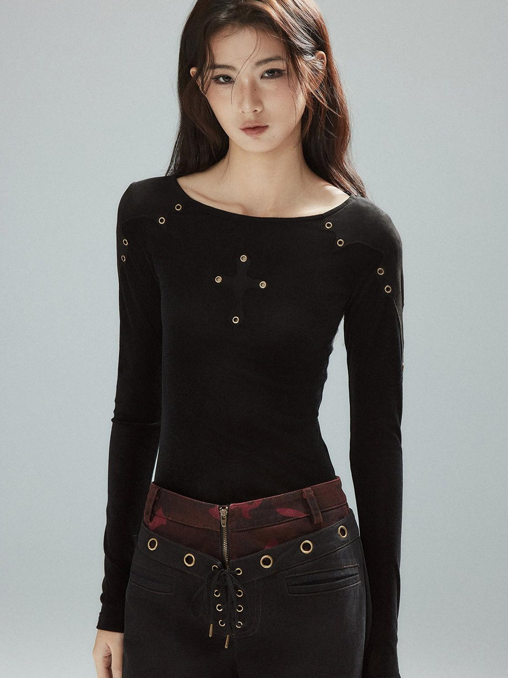 Slim Fit Patchwork Casual Crewneck Black Stretch Young Women Long Sleeve T-Shirts