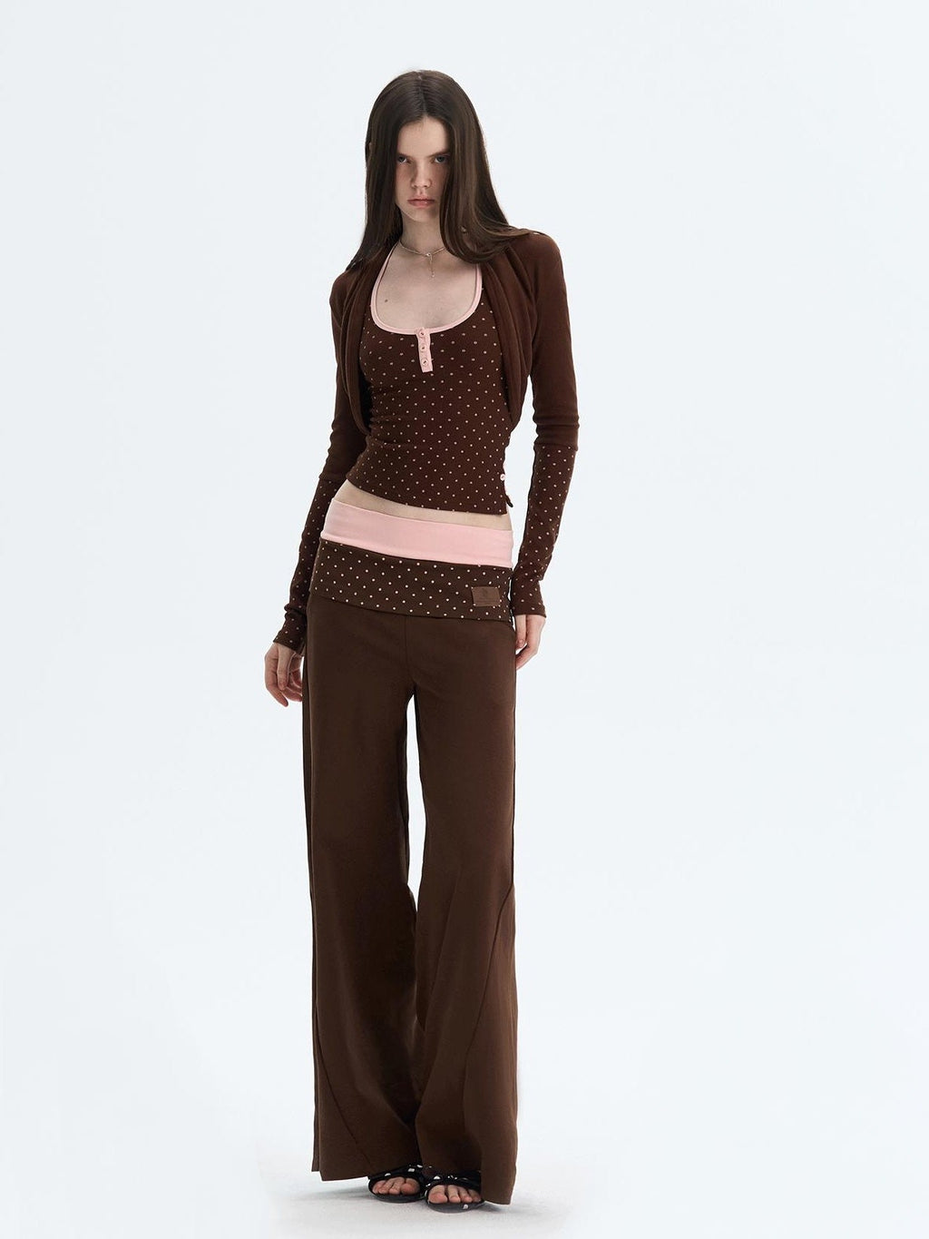 Polka Dot Patchwork Three Piece Long Sleeve Women Long Pants Top & Pants Sets
