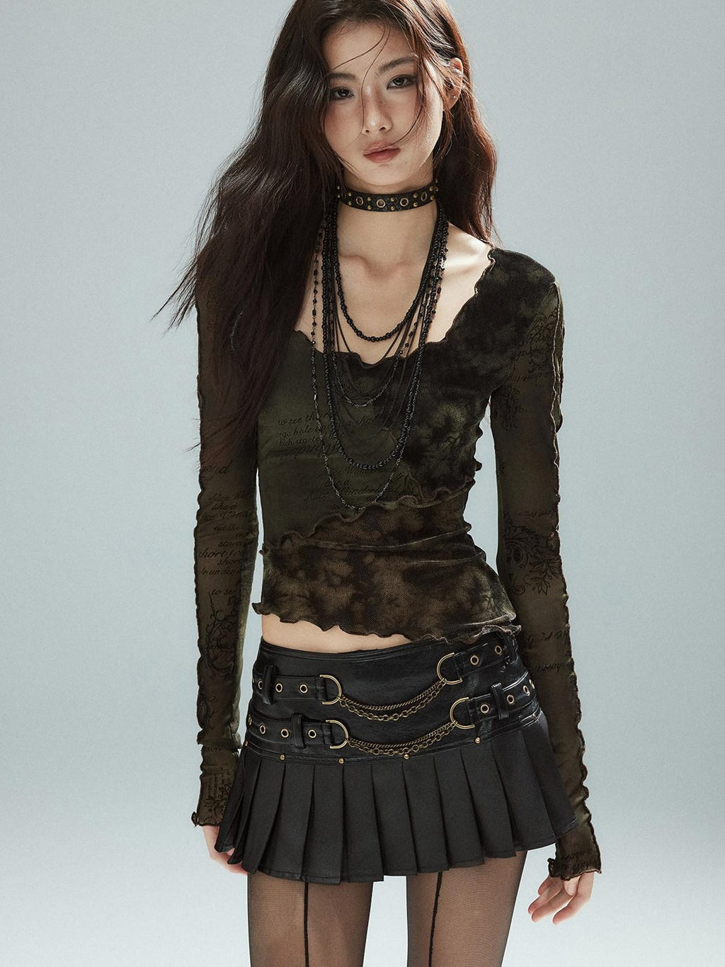 Low Waist Pleated A Line Street Patchwork Chain Zipper Lined Black Mini Skirts