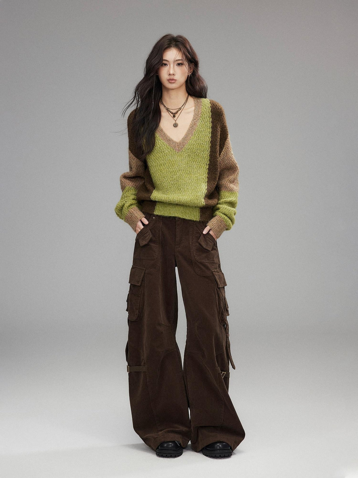 Thick Sheep Wool Patchwork Streetwear Loose Fit V-neck Pullover Youth Sweaters