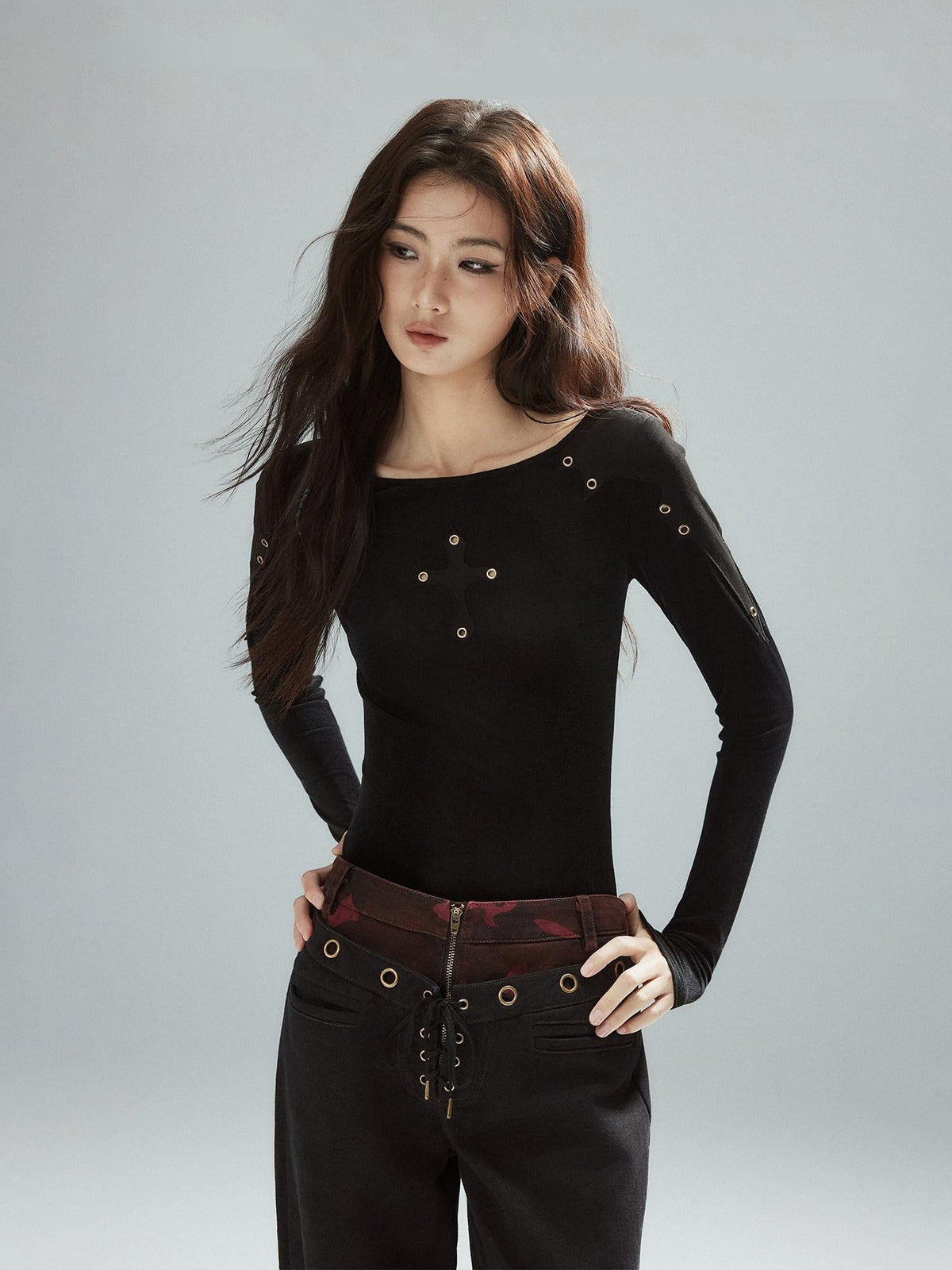 Slim Fit Patchwork Casual Crewneck Black Stretch Young Women Long Sleeve T-Shirts
