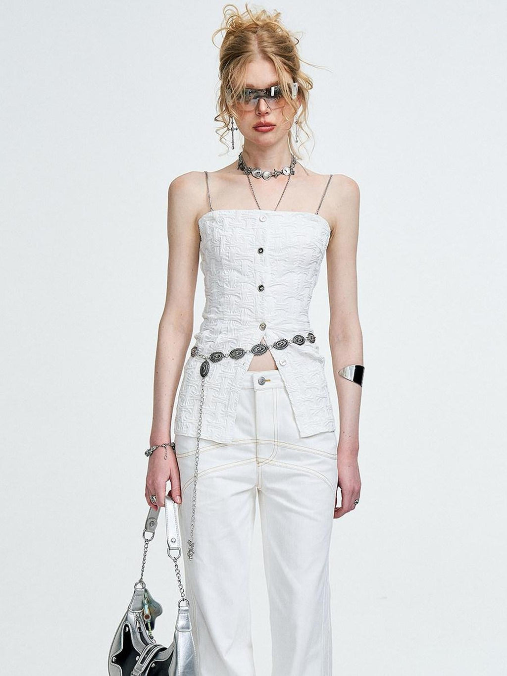 3D Chain Ruffle Button Original Slim Fit Cotton Blend Solid White Camisoles