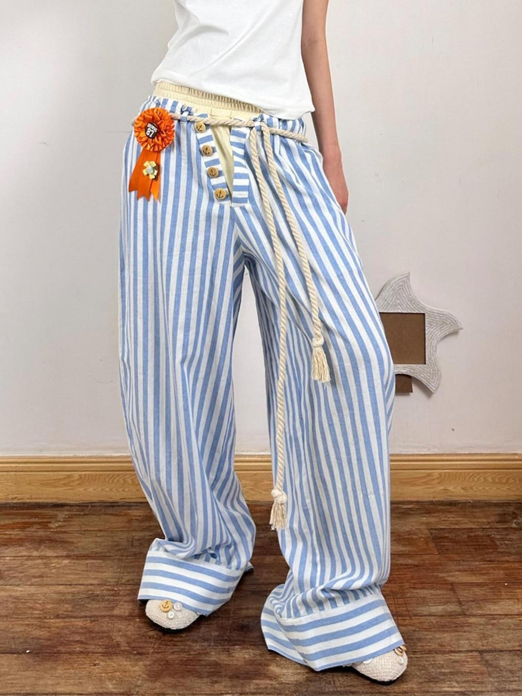 Comfort Commuter Striped Pocket Natural Waist Cotton Blend Girls Wide Leg Pants