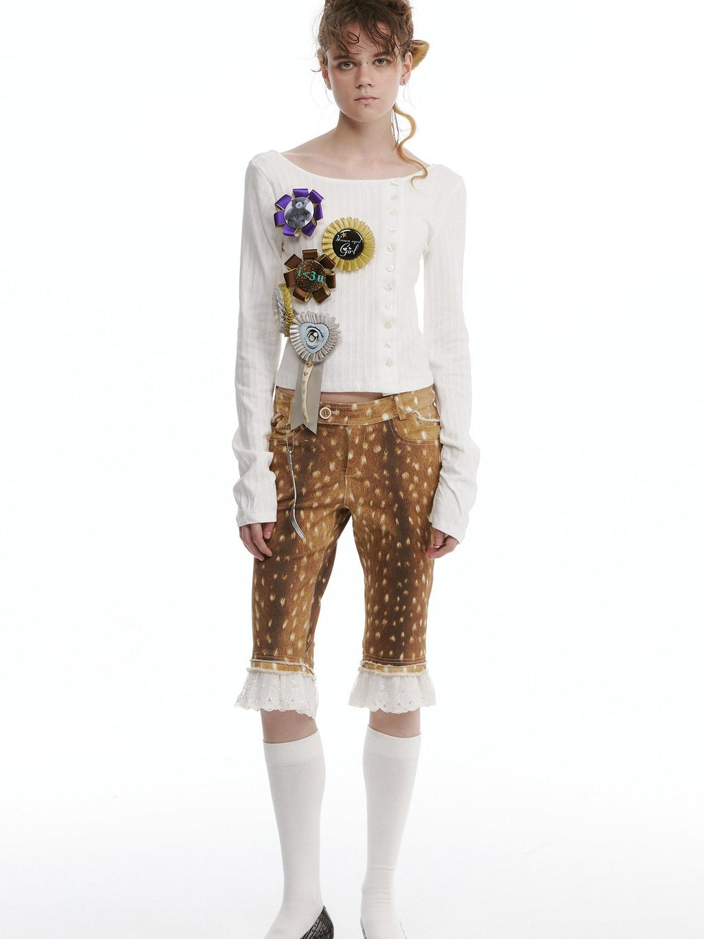 Pure Cotton Long Sleeve Casual Cute Bear Women Off Shoulder Crop Tops