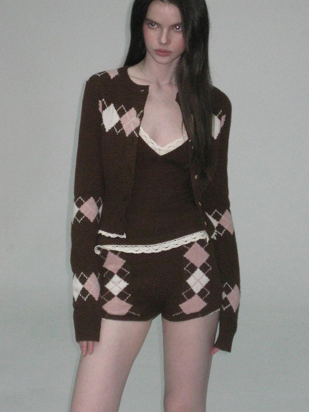 Cashmere Blend Sexy Argyle Button Cardigan Shorts Women Top & Shorts Sets