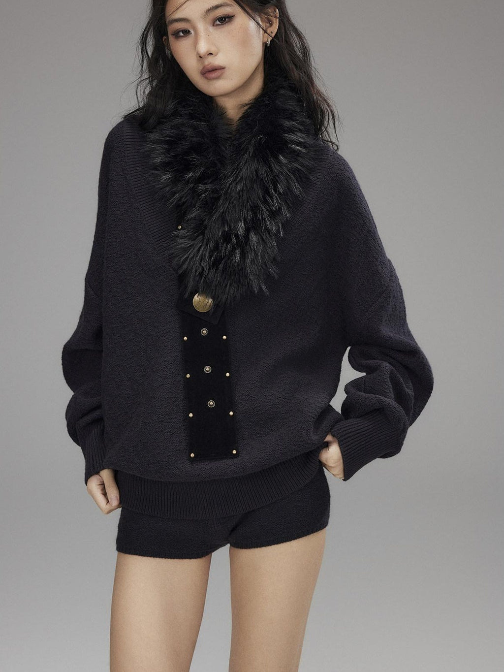 Knitted Wool Blend Loose Street Style Women Two Piece Set Navy Mini Shorts