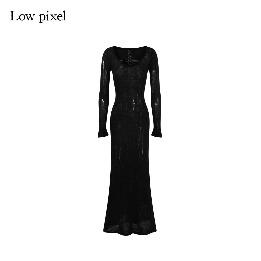Waist Defining Wool Knit Tassel Casual Long Sleeve Round Neck Black Maxi Dresses